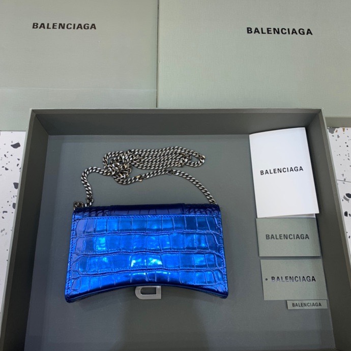 Balenciaga Small Hourglass Wallet With Chain Crocodile Embossed Shoulder Bag Blue